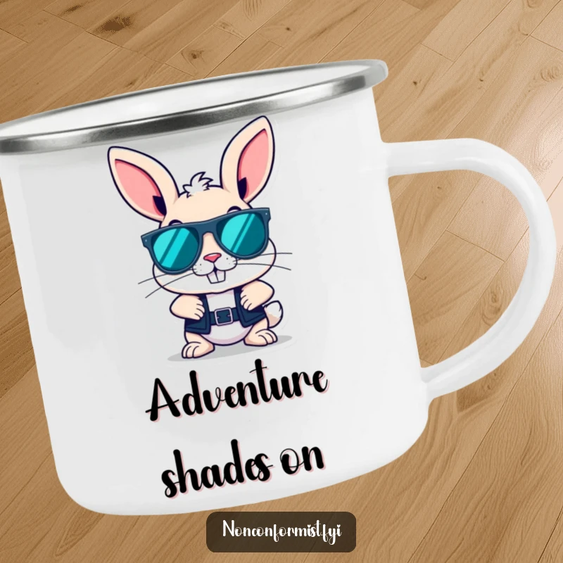 Funny bunny wearing oversized sunglasses with a cool grin, perfect for sipping beverages around the campfire on this enamel mug.
