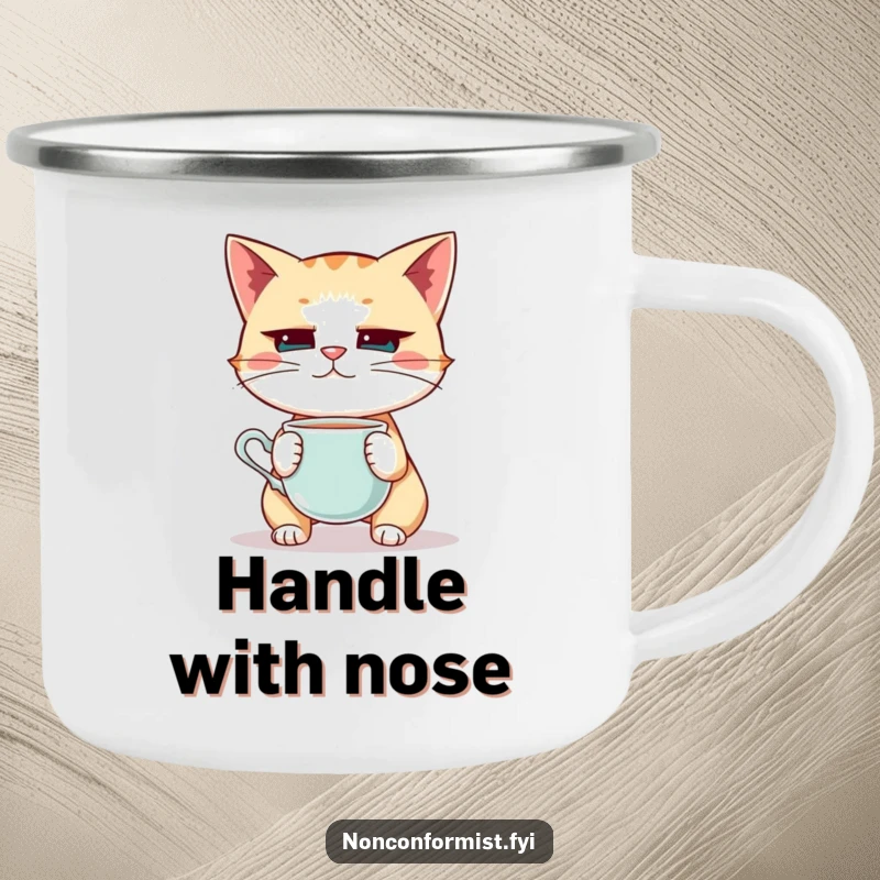 Funny Cat Camping Mug: A quirky cat balancing a teacup on its nose with intense focus, ready for outdoor adventures.