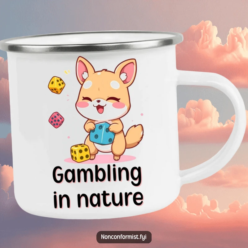 Funny animal character winking and juggling dice on an enamel camping mug, ready for outdoor fun.
