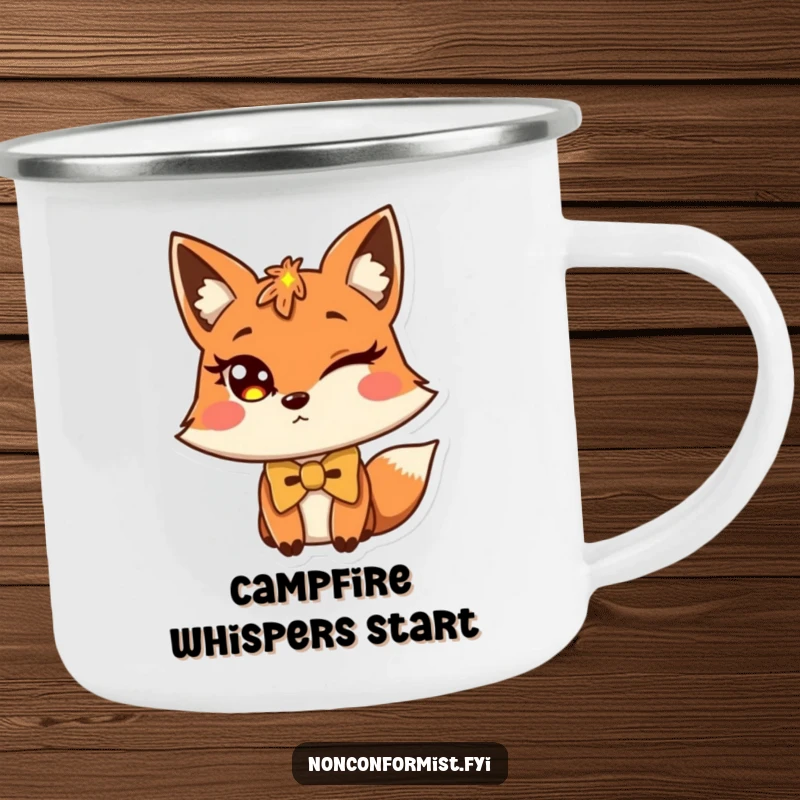 Funny fox camping mug featuring a winking fox wearing a slightly askew bow tie.