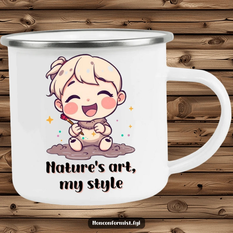 Funny Camping Mug with a joyful character happily making art with glitter and mud. Built for adventure and humor. Great funny gift.