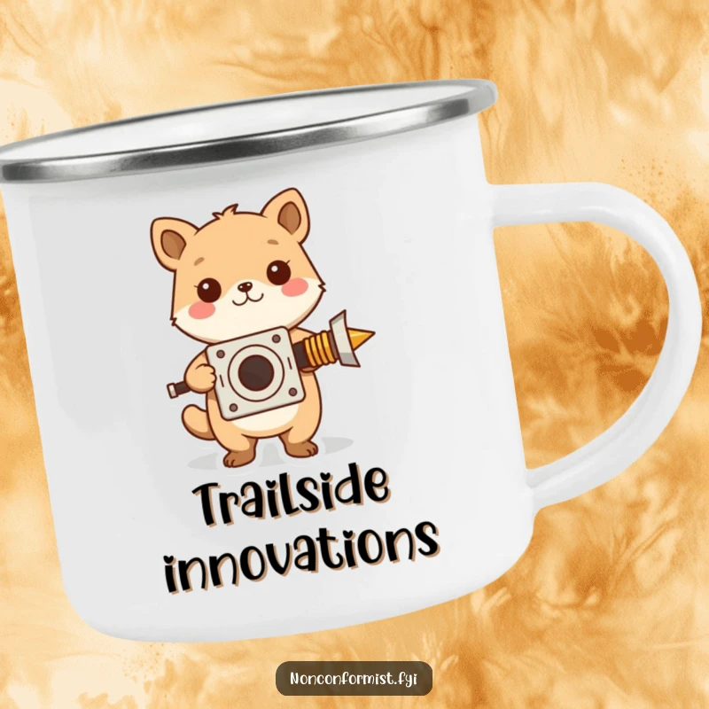 Funny camping mug featuring a cute badger character proudly presenting a bizarre, homemade invention, perfect for outdoor inspiration.