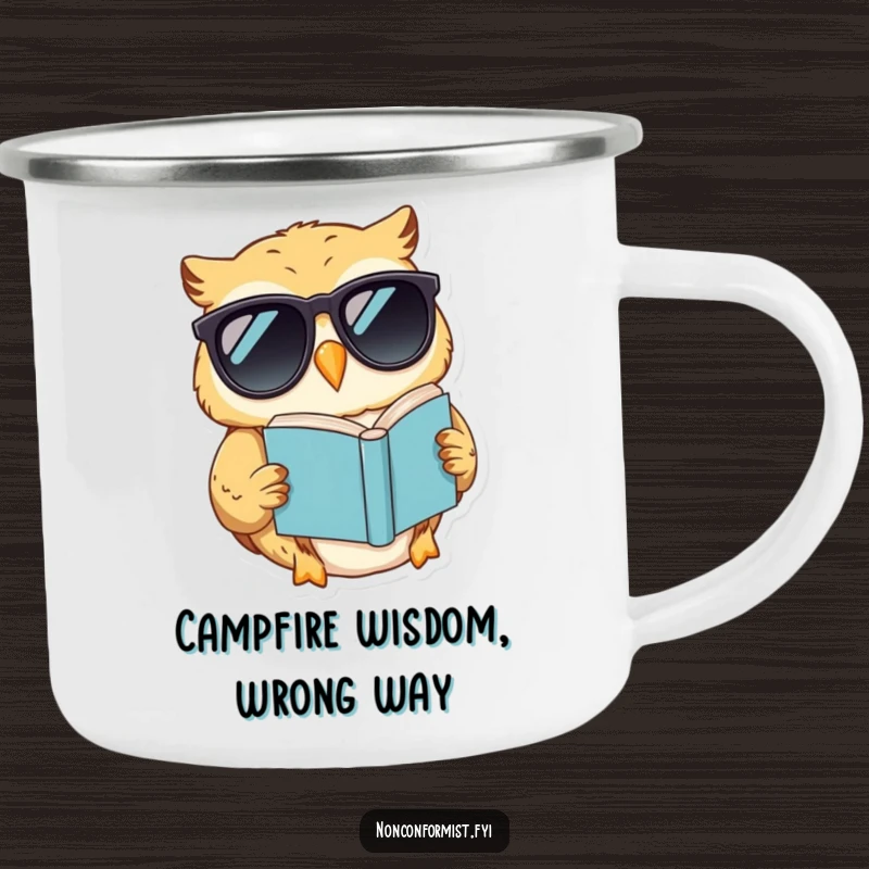 Funny camping mug featuring a cool owl in sunglasses reading an upside-down book, ideal for outdoor wit.