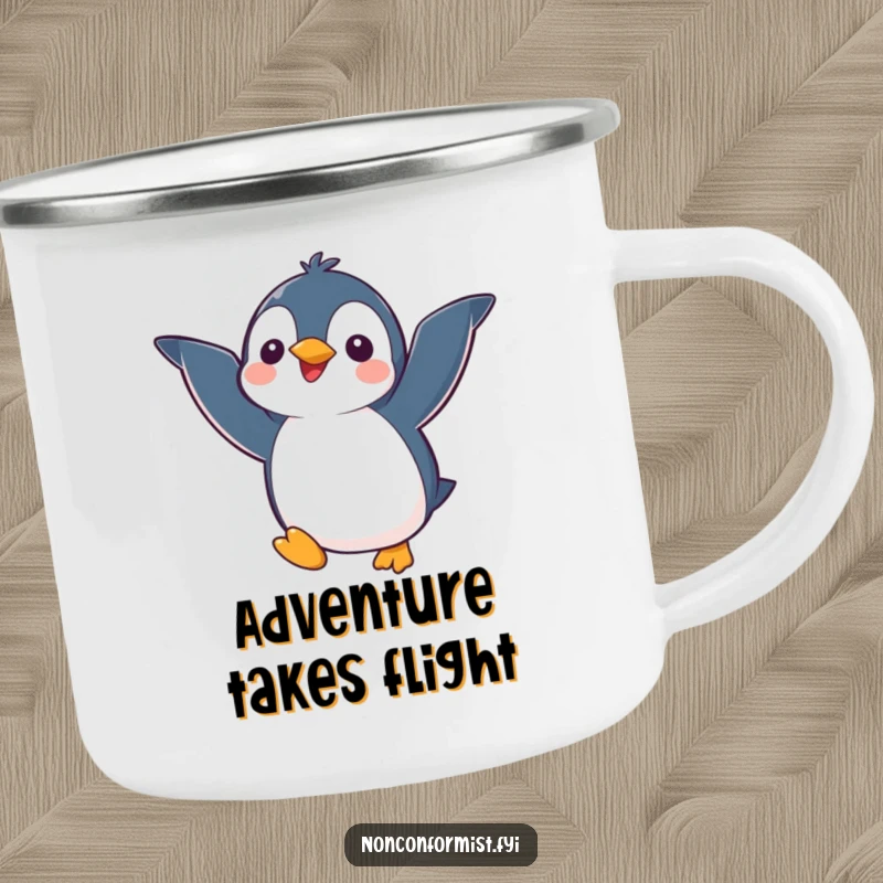 Funny kawaii penguin character with mismatched wings joyfully attempting to fly, on a durable camping mug for humorous outdoor enjoyment.