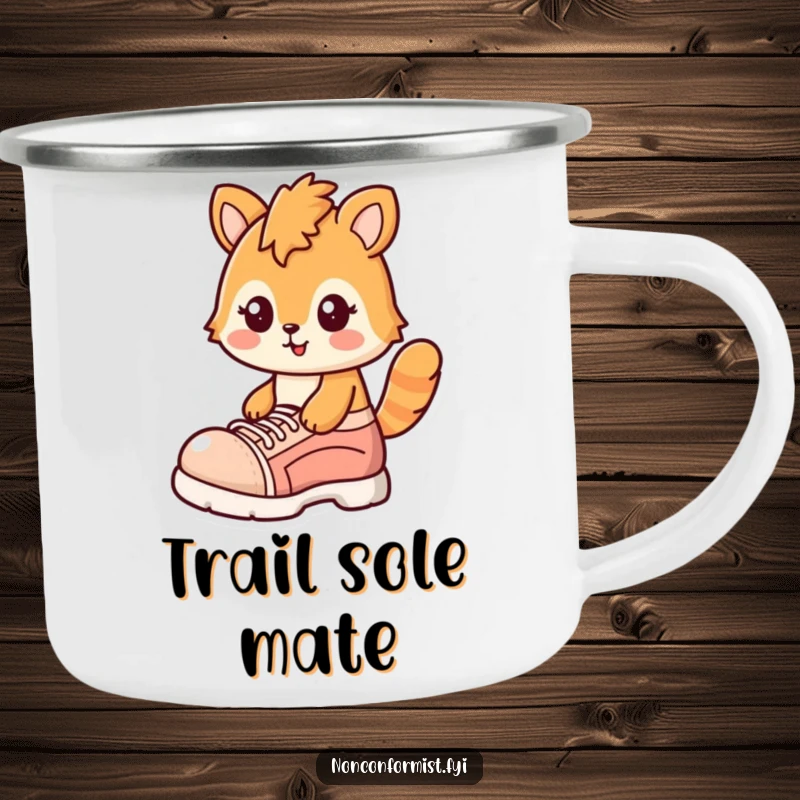 Funny camping mug featuring a quirky otter with a cheerful smirk, wearing one comically oversized shoe, ready for the outdoors.