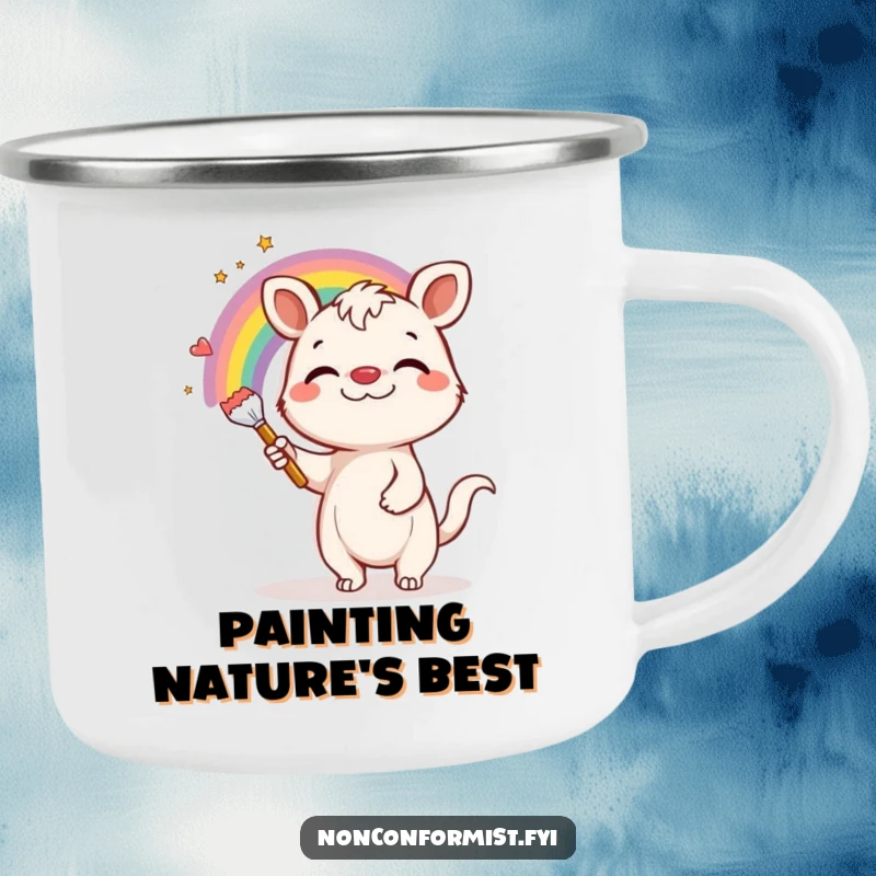 Funny Camping Mug: A grinning animal artistically paints a rainbow on a grey landscape, bringing cheer to the outdoors.