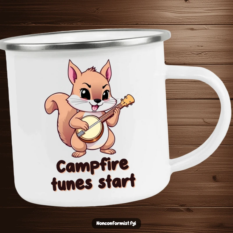 Funny squirrel camping mug showing a squirrel playing a banjo with a defiant expression.