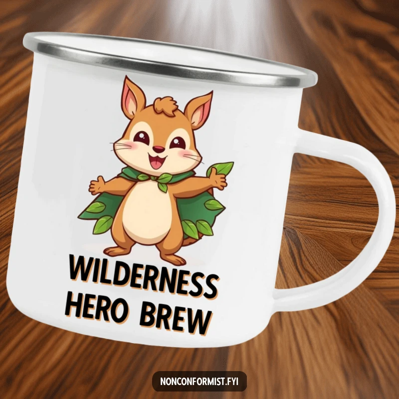 Funny Squirrel Camping Mug featuring a happy squirrel character wearing a cape made of leaves and striking a heroic pose, perfect for outdoor adventures.