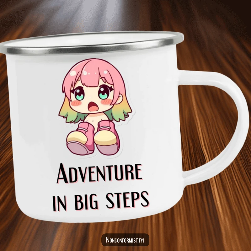 Funny Camping Mug with a surprised character wearing huge, bright shoes. Built for adventure and humor. Great funny gift.