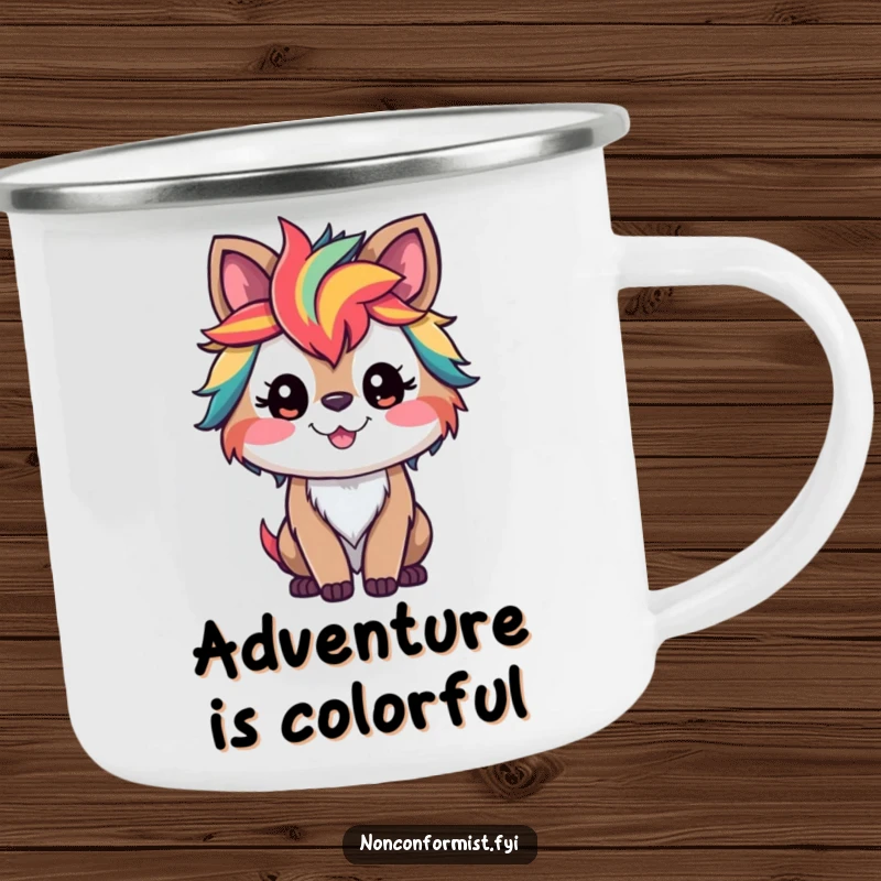 Funny camping mug featuring a smiling animal with wild, vibrant rainbow streaks in its fur, ready for outdoor enjoyment.
