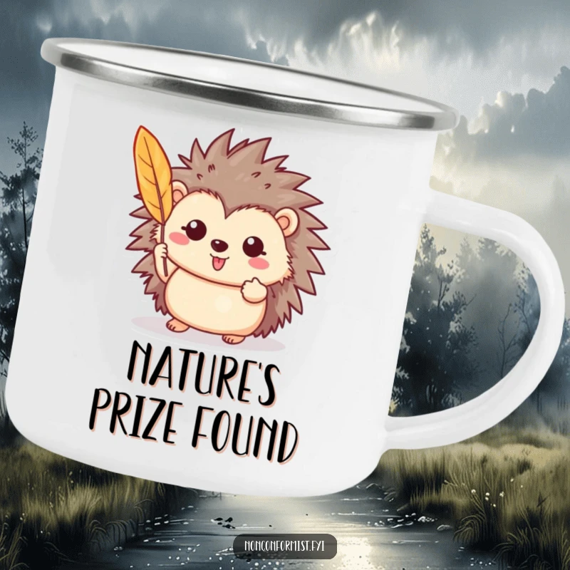 Funny camping mug featuring a cheerful hedgehog proudly holding a vibrant feather, perfect for outdoor appreciation.