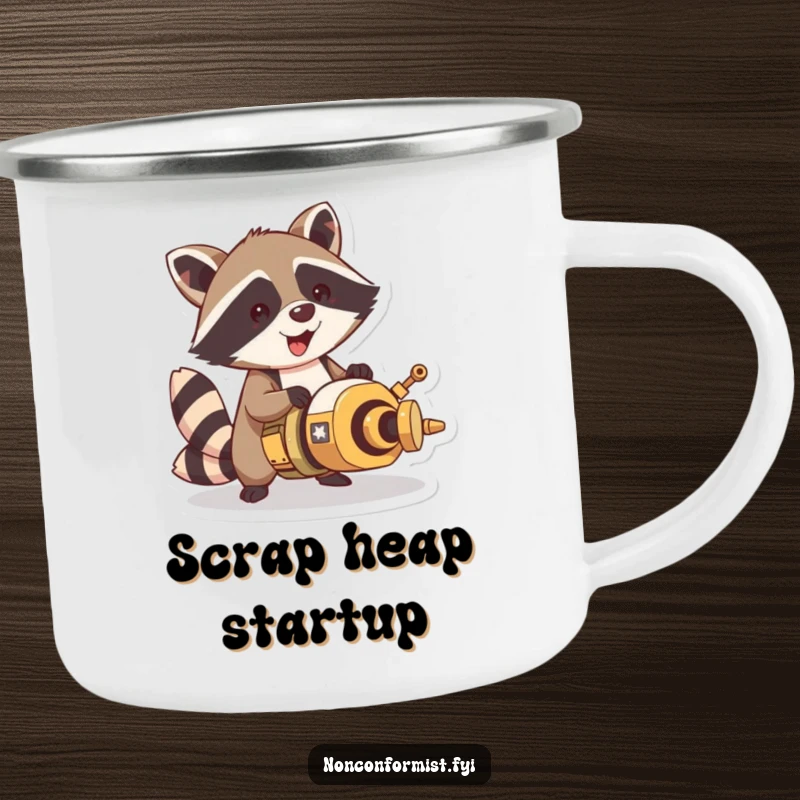 Funny raccoon character on a camping mug, excitedly building a strange contraption amidst outdoor scenery, ready for adventure.