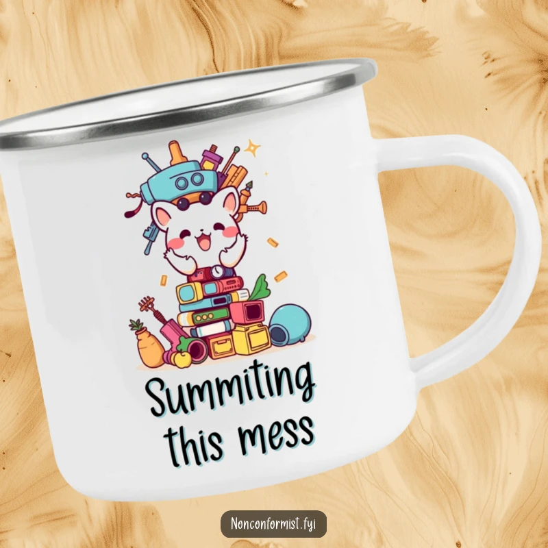 Funny camping mug showcasing a small animal character enthusiastically building a tower of assorted items under the open sky.