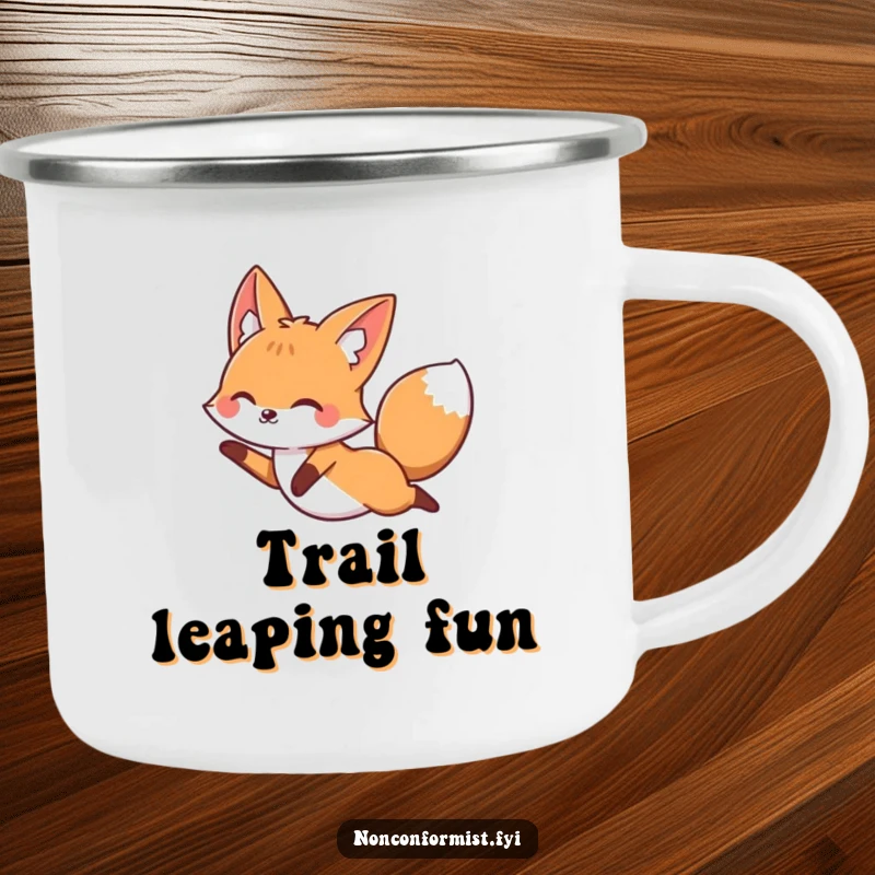 Funny fox character on a camping mug, joyfully leaping over a straight line, inspiring adventure and freedom.