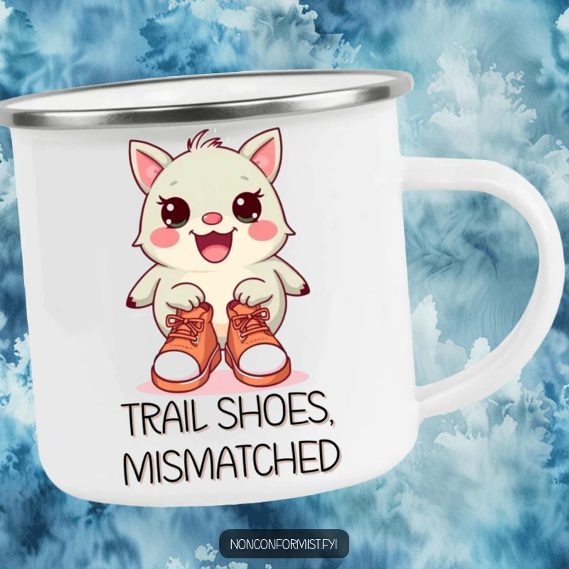 Funny Camping Mug: A quirky creature happily wearing two different shoes, perfect for outdoor humor and enjoying a warm beverage.