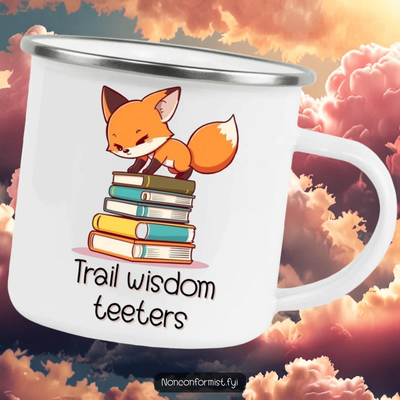 Funny camping mug showing a determined fox balancing on a stack of books, ready for any challenge.