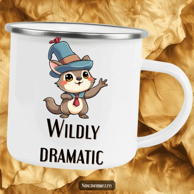 Funny animal character in an eccentric hat, striking a dramatic pose on a durable camping mug for outdoor fun.
