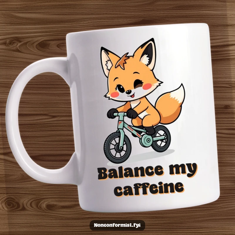 Funny quirky fox with a playful smirk, skillfully riding a tiny, patched-up unicycle on a fun coffee mug.