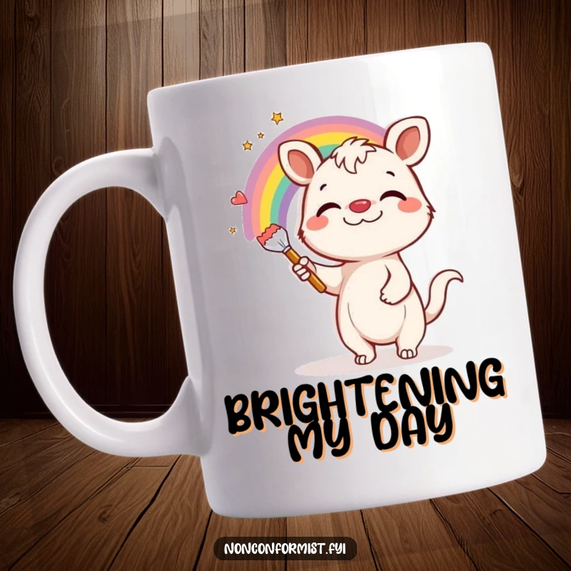 Funny Mug: Playful animal with silly grin paints a vibrant rainbow on a dull grey wall, spreading joy and color.