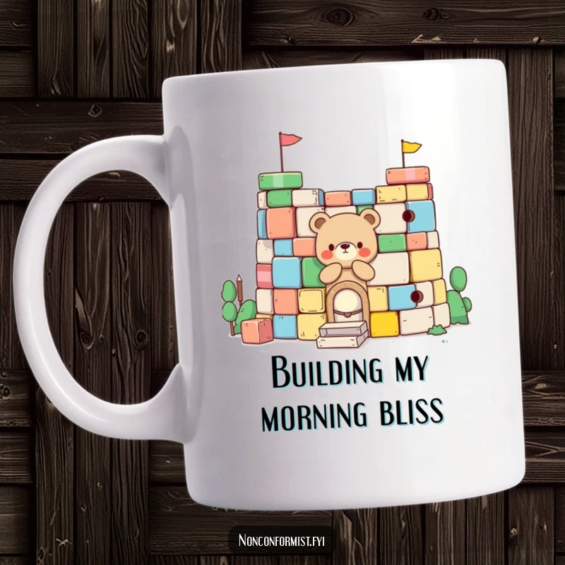 Funny Little Bear Mug: A cute bear character is happily stacking oversized colorful blocks to build a fort, exuding playful joy.
