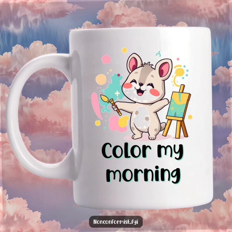 Funny mug featuring an animal character gleefully painting a bright, colorful abstract pattern with energetic brushstrokes and a happy expression.