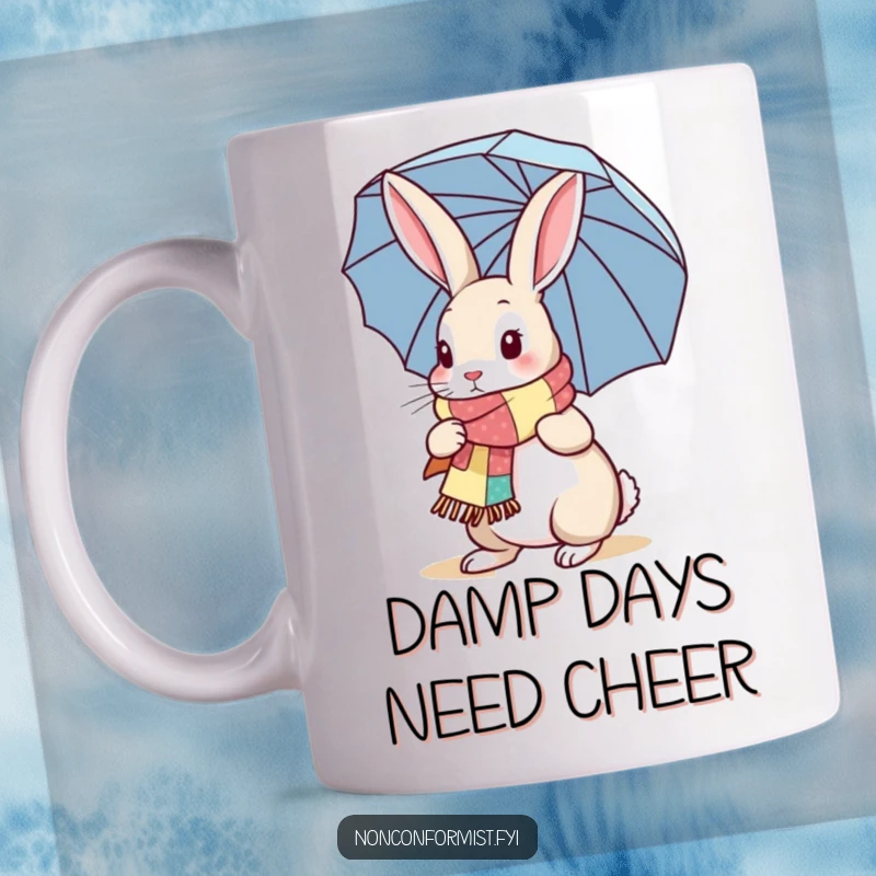 Funny Rabbit Mug: A rabbit in a patchwork scarf holds an umbrella, looking charmingly prepared for rain, a delightful gift.