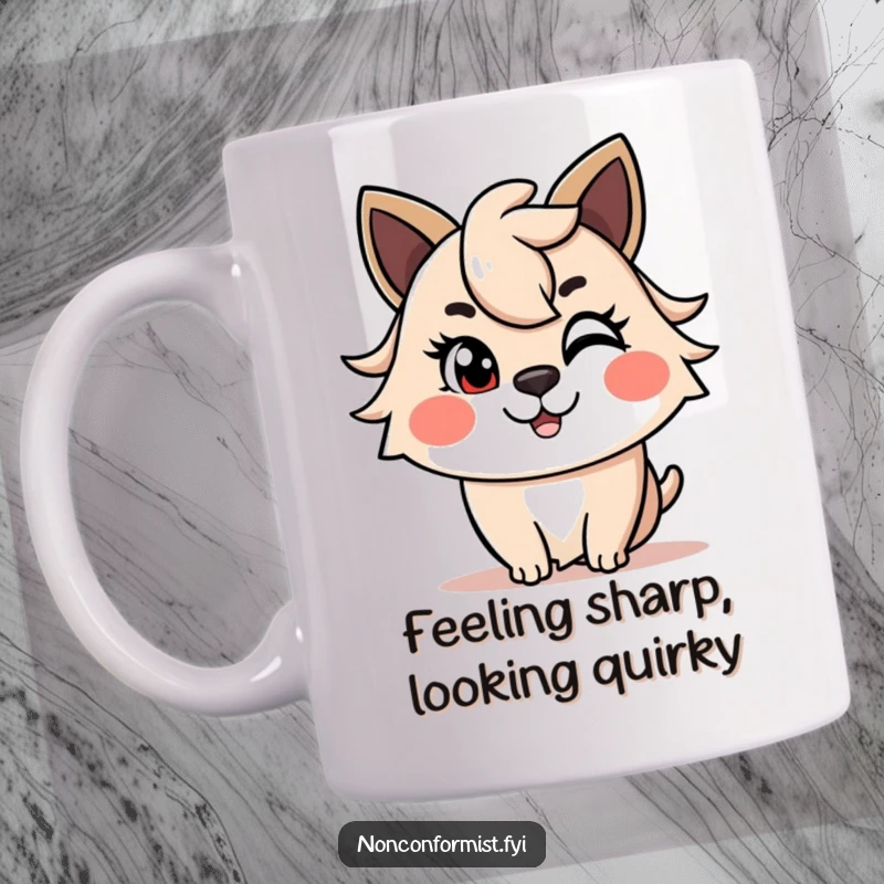Funny Mug showing a cheerful animal winking mischievously, sporting a cool, asymmetrical haircut. A stylish and humorous funny gift.