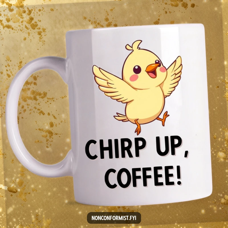 Funny mug with a spirited bird character joyfully chirping while performing an aerial flip, embodying pure, energetic fun.