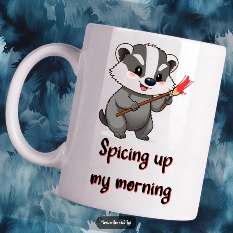 Funny Mug featuring a happy badger character enthusiastically painting a bright red stripe onto its plain grey fur.