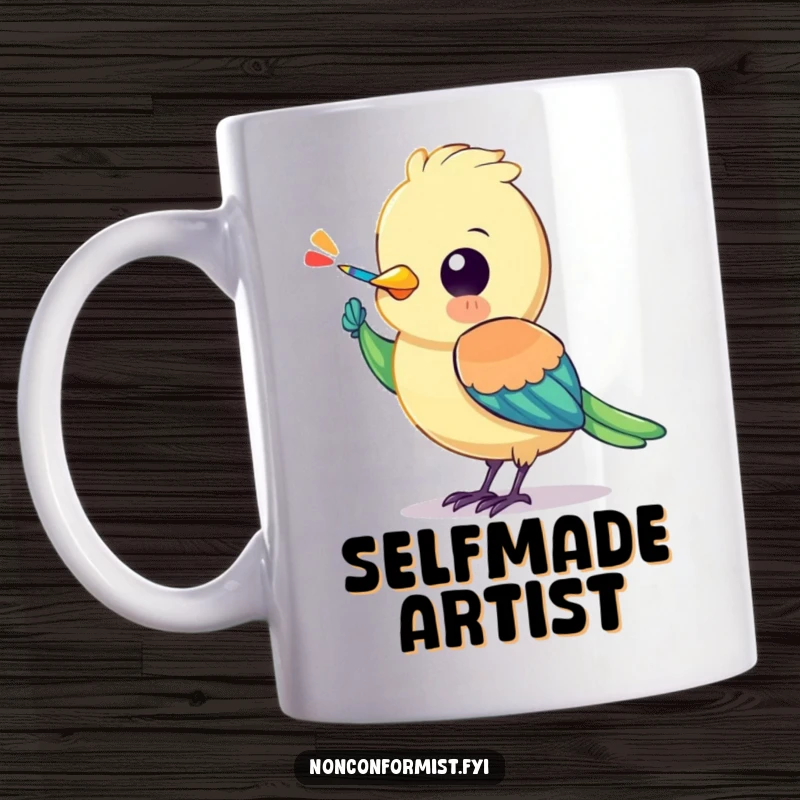 Funny bird mug featuring a colorful character painting a stripe on its own wing, showcasing artistic self-creation.
