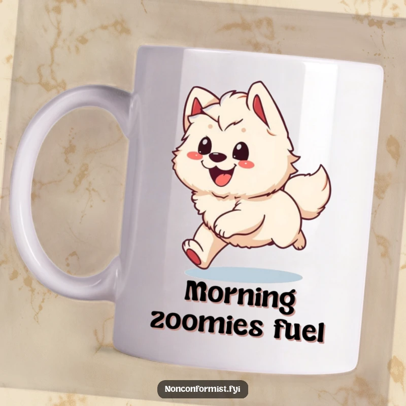 Funny Mug: A fluffy, grinning dog character joyfully chasing its own tail in a dizzying, hilarious circle, perfect for dog lovers.
