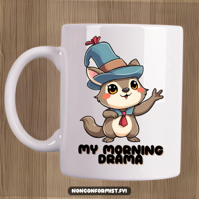 Funny animal character wearing an eccentric hat and striking a dramatic pose on a humorous mug.