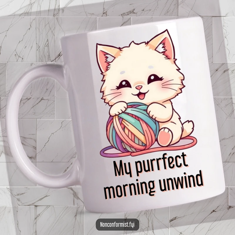 Funny mug with a fluffy cat gleefully playing with a chaotic ball of colorful yarn, embodying pure, unadulterated joy.