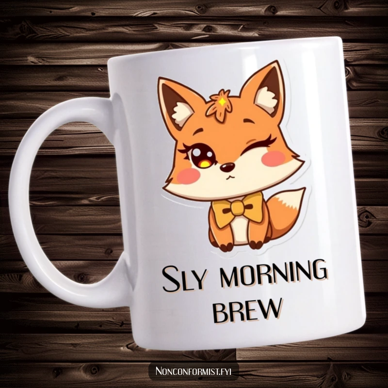 Funny fox mug featuring a winking fox wearing a slightly askew bow tie, exuding charm.