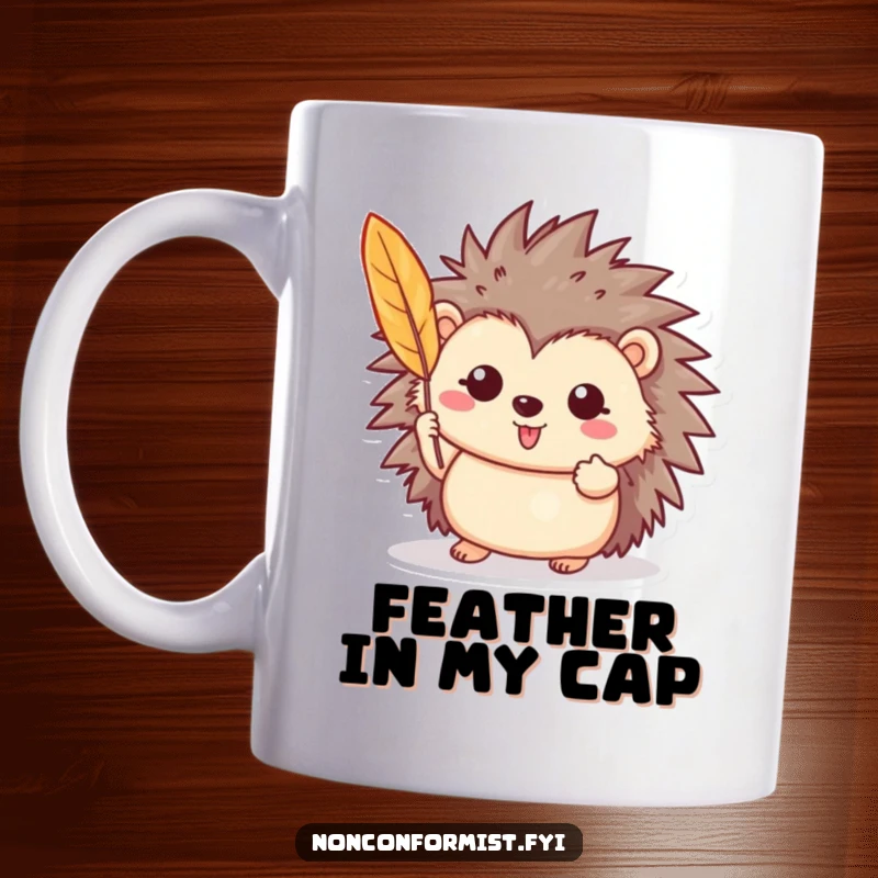 Funny mug featuring a cheerful hedgehog character proudly displaying a single, vibrant, brightly colored feather.