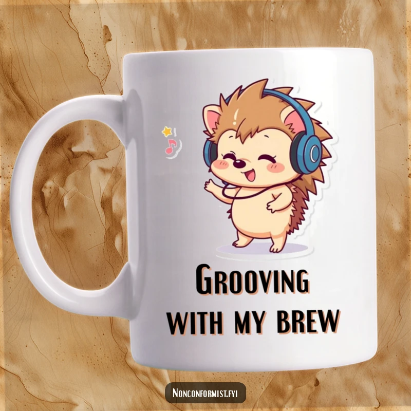 Funny Hedgehog Mug: A playful hedgehog wearing headphones, dancing joyfully to unheard music, a celebration of good times.