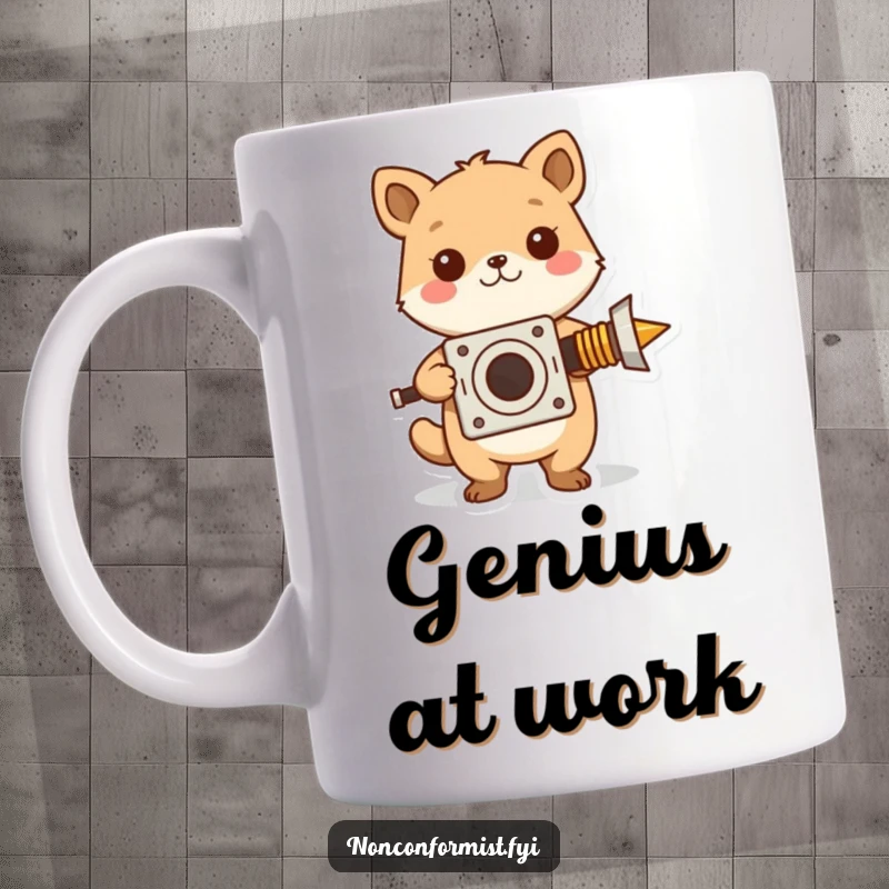 Funny mug showcasing a cute squirrel proudly displaying a wacky, homemade invention, highlighting creativity and humor.
