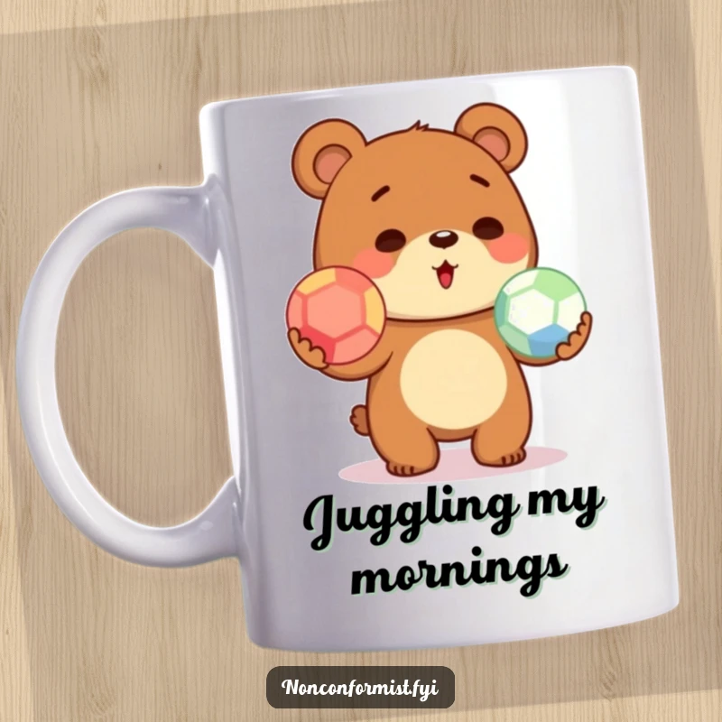 Funny cute bear character on a mug, struggling adorably to juggle three brightly colored balls, looking determined yet comical.