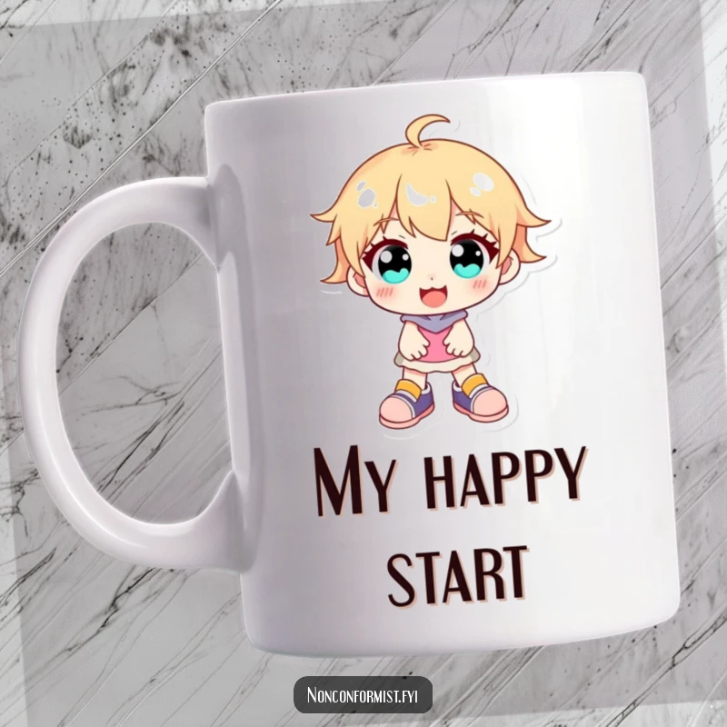 Funny character with bright eyes, wearing two different shoes, and a big smile on this amusing mug design.