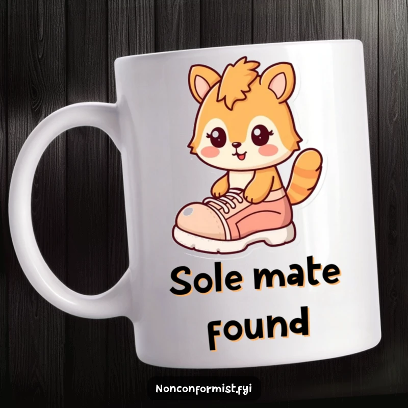 Funny mug showing a cheerful dog character with a mischievous smirk, wearing a single, comically oversized shoe.