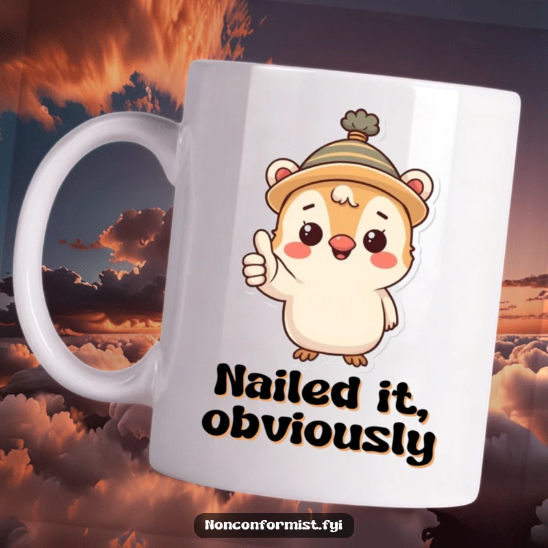 Funny mug with a small, cute creature wearing a silly, oversized hat and giving a big, enthusiastic thumbs up.