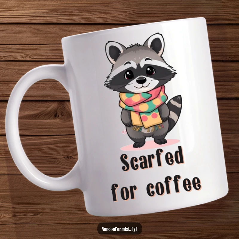Funny mug with a standout raccoon character tilting curiously, wearing a brightly patterned handmade scarf, exuding charm and style.