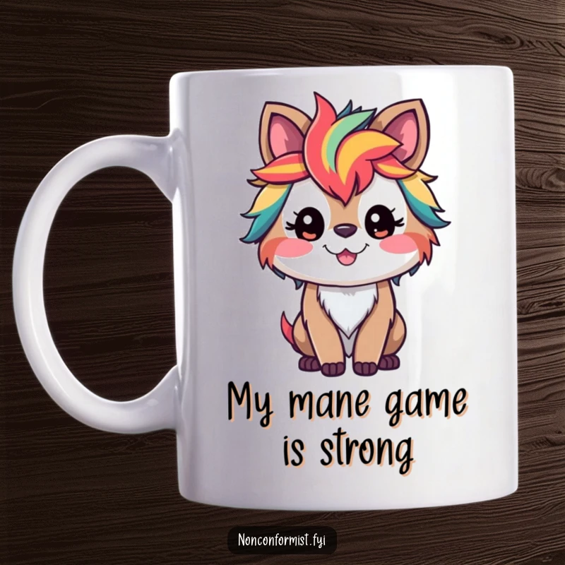 Funny mug featuring a smiling fox with wild, brightly colored streaks in its fur, radiating joy and chaotic energy.