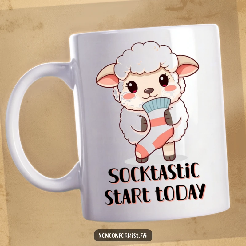 Funny mug featuring a fluffy sheep proudly wearing a mismatched sock, showcasing a quirky and confident personality.