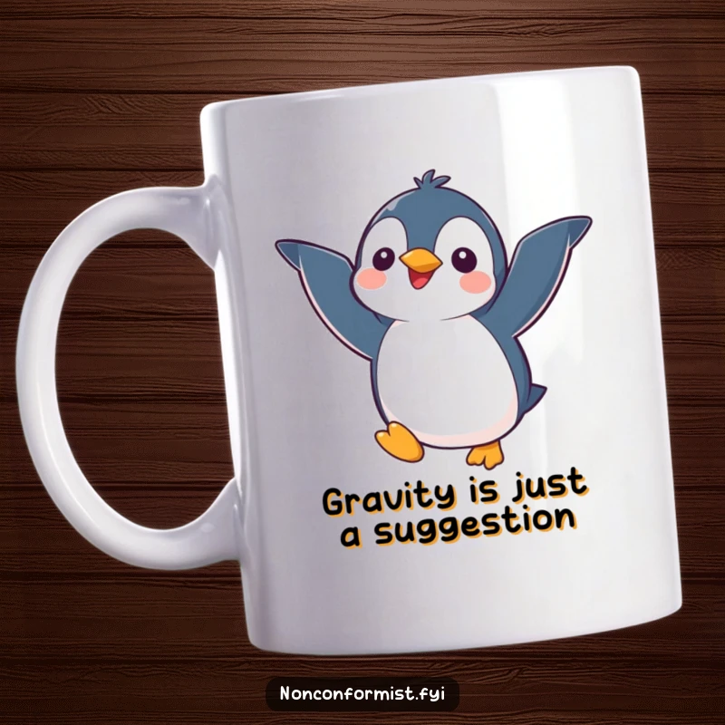 Funny kawaii penguin character humorously trying to fly with unequal wings, showcasing a determined yet clumsy attempt for screen readers.