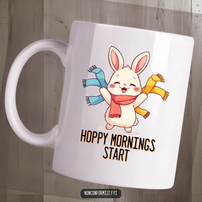 Funny mug depicting a fluffy rabbit character joyfully juggling three colorful scarves with a bright, happy expression.