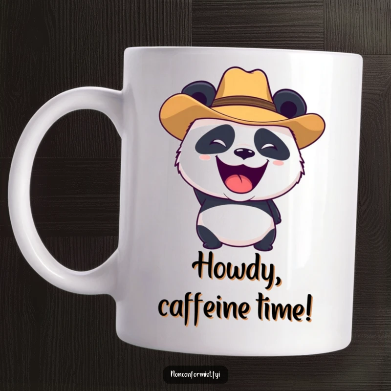 Funny smiling panda character wearing a cowboy hat and playfully roaring, depicted on a mug, ideal for funny gift recipients.