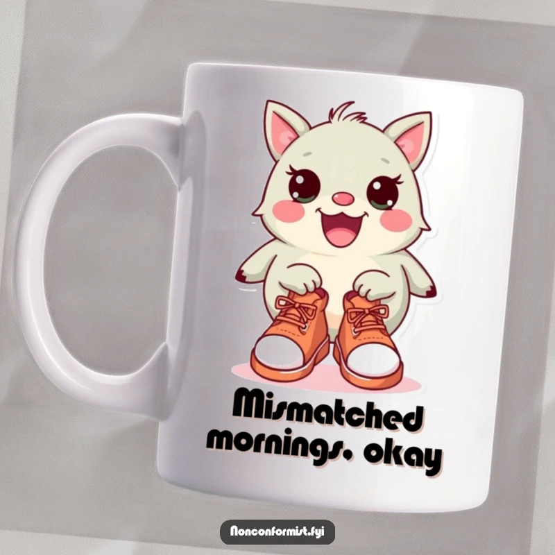 Funny Mug: A quirky, friendly creature happily wearing two completely different, mismatched shoes, symbolizing unique style and humor.