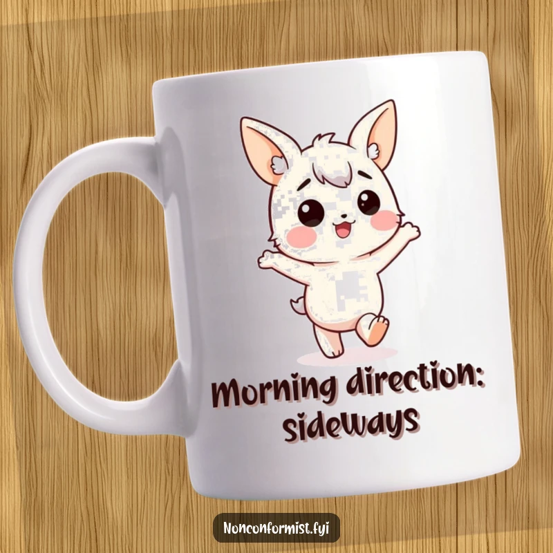 Funny Mug: Character with mismatched ears, happily marching in the wrong direction, conveying humorous life philosophy.