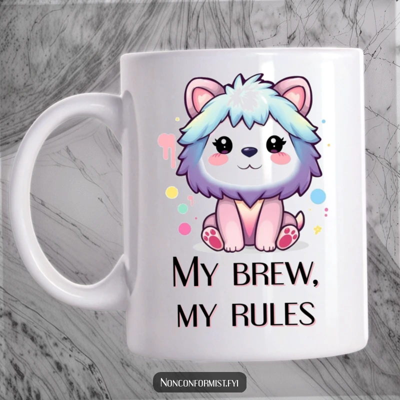 Funny Mug: Animal character artistically painting a rainbow with bizarre, unconventional colors, expressing humorous creativity.